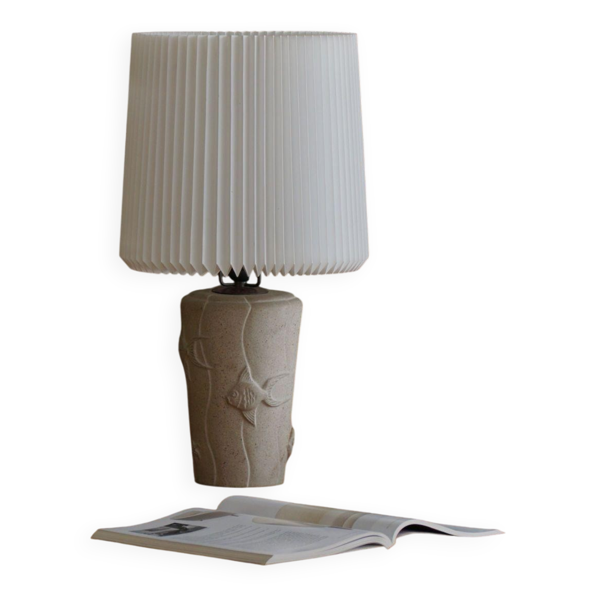 Modern vintage French table lamp, made of stone with fish patterns, 1970s.