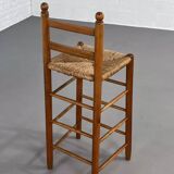 Set of 4 50s bar stools in wood and woven straw seat