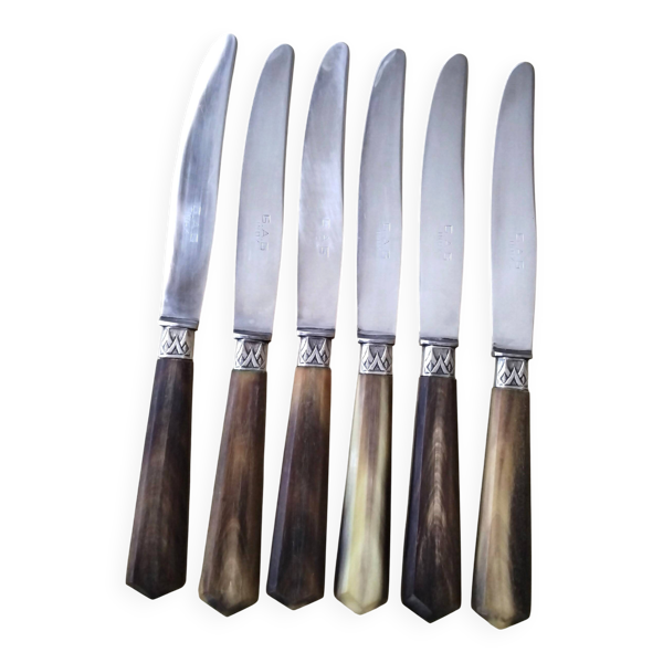 Coffret de 6 couteaux à fromage anciens Inox et corne Bovine GAG