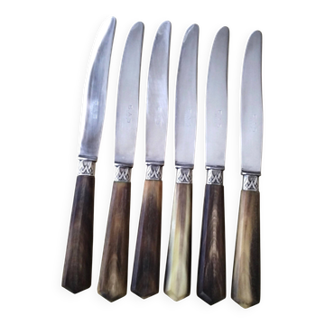 Box of 6 antique cheese knives in stainless steel and bovine horn GAG