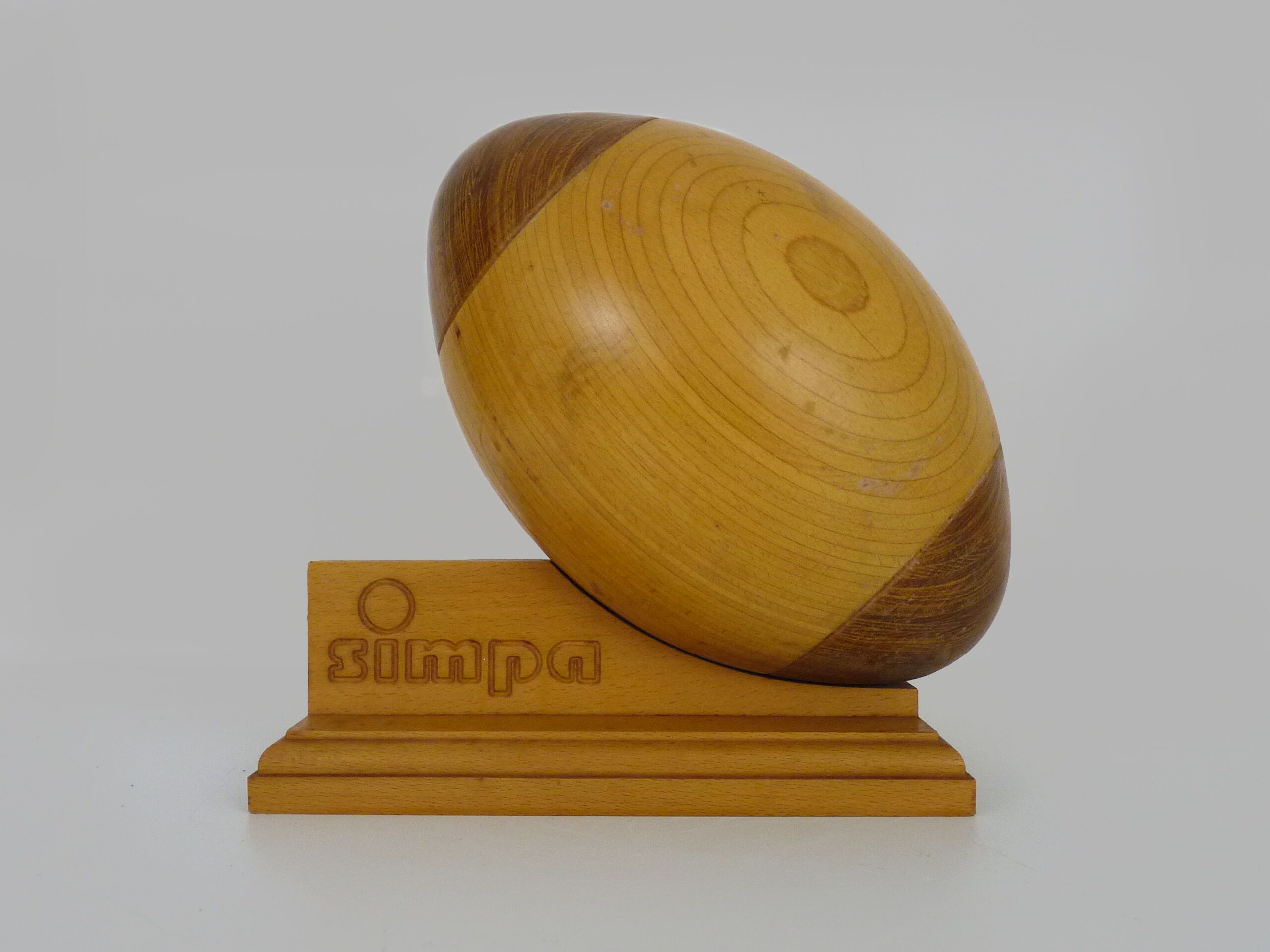 Ballon de rugby publicitaire taille réelle en bois, Simpa, années 80 90