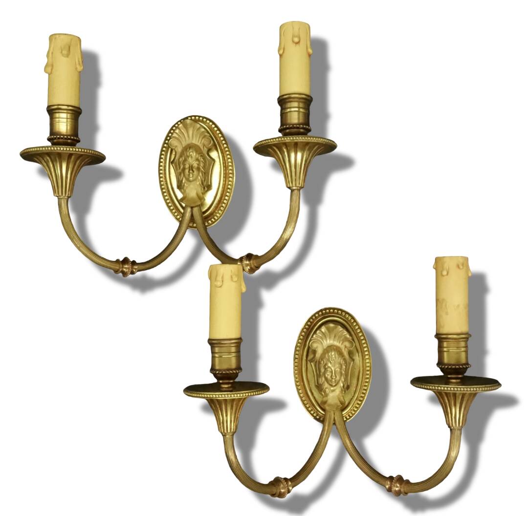 Pair of wall sconces with female masks in Louis XVI style - gilded bronze