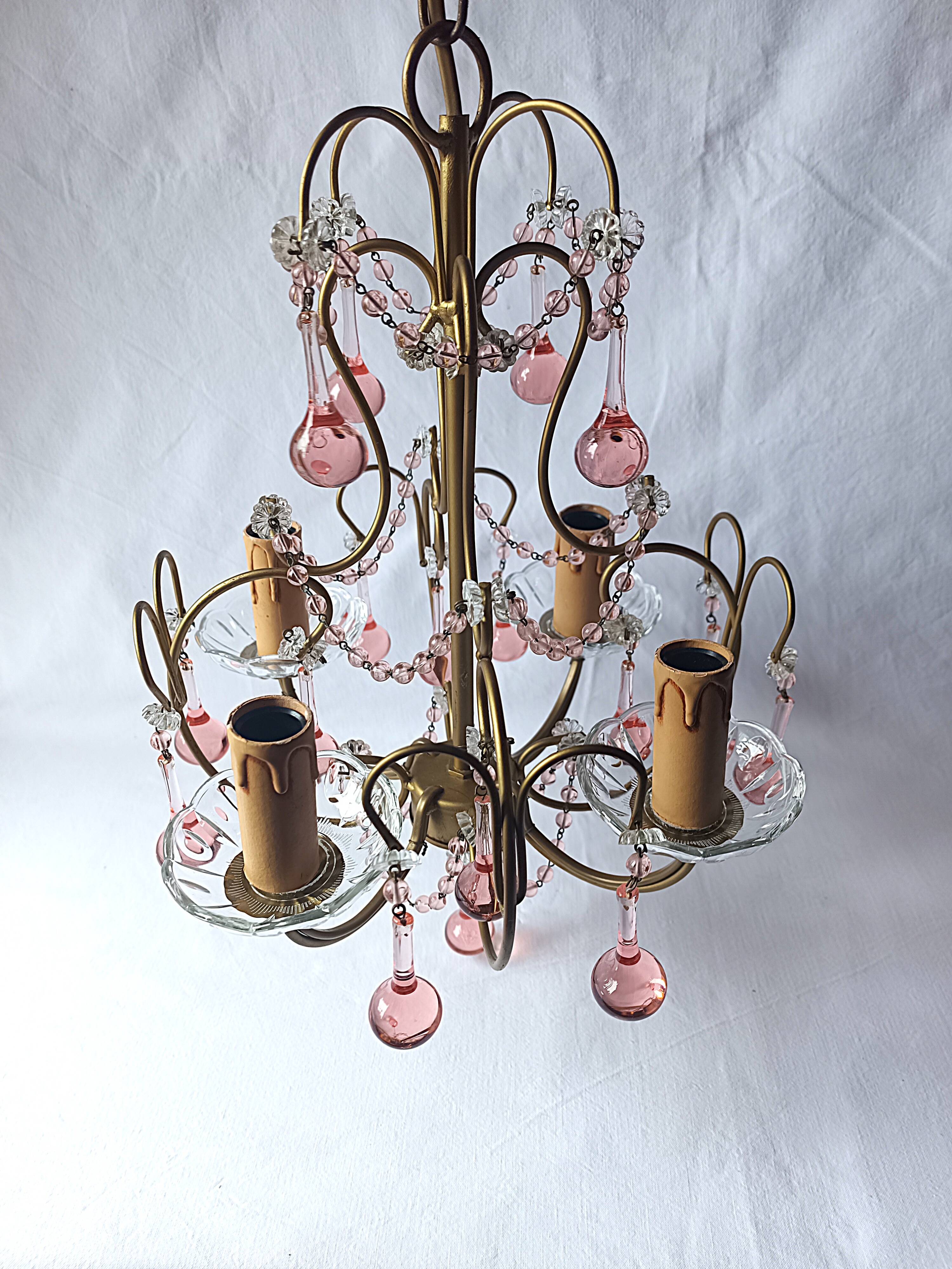Vintage Murano drop pendant chandelier with pearl flower, 4 lights.