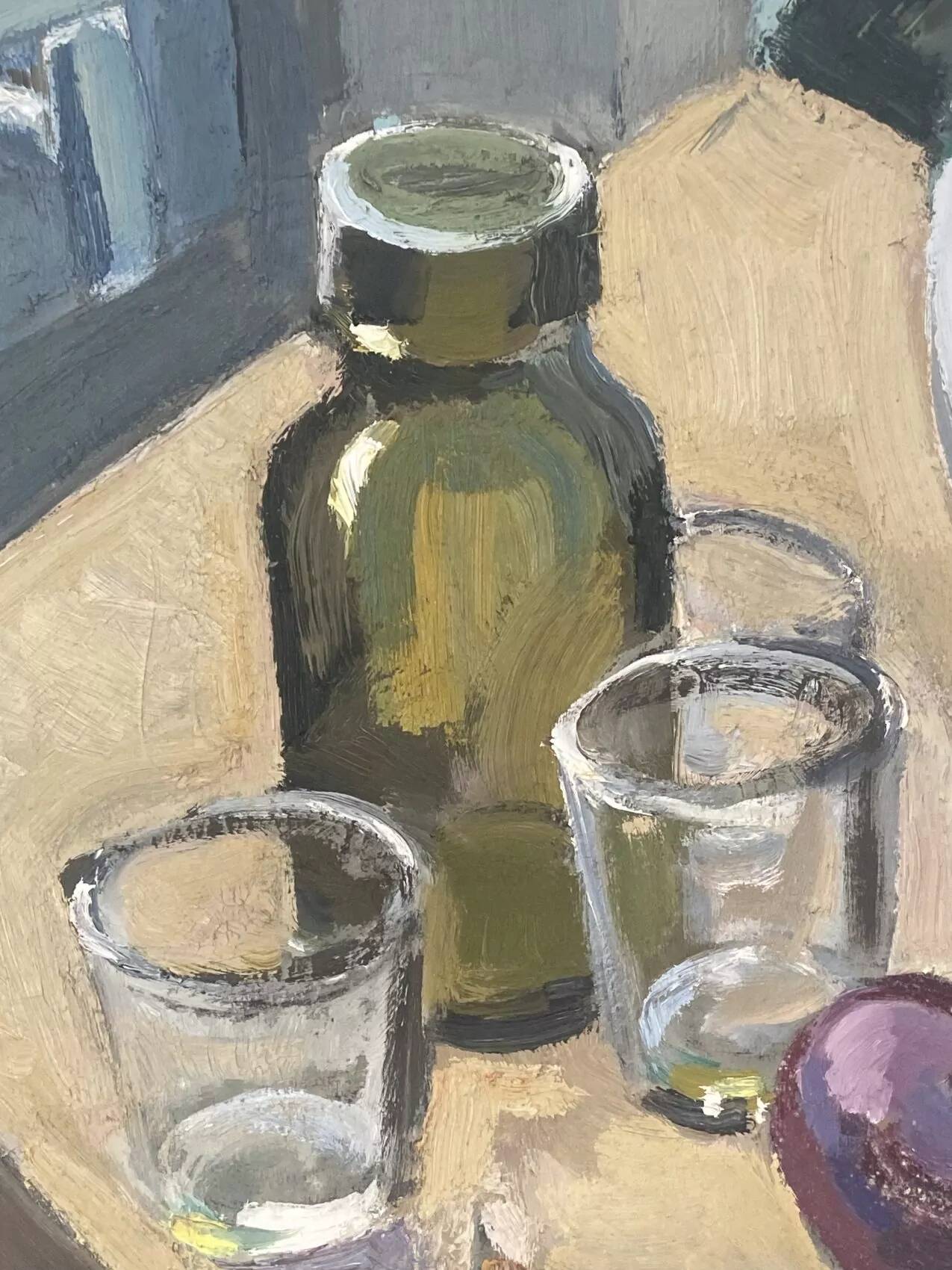 Oil painting on canvas, still life with glasses, 1950s