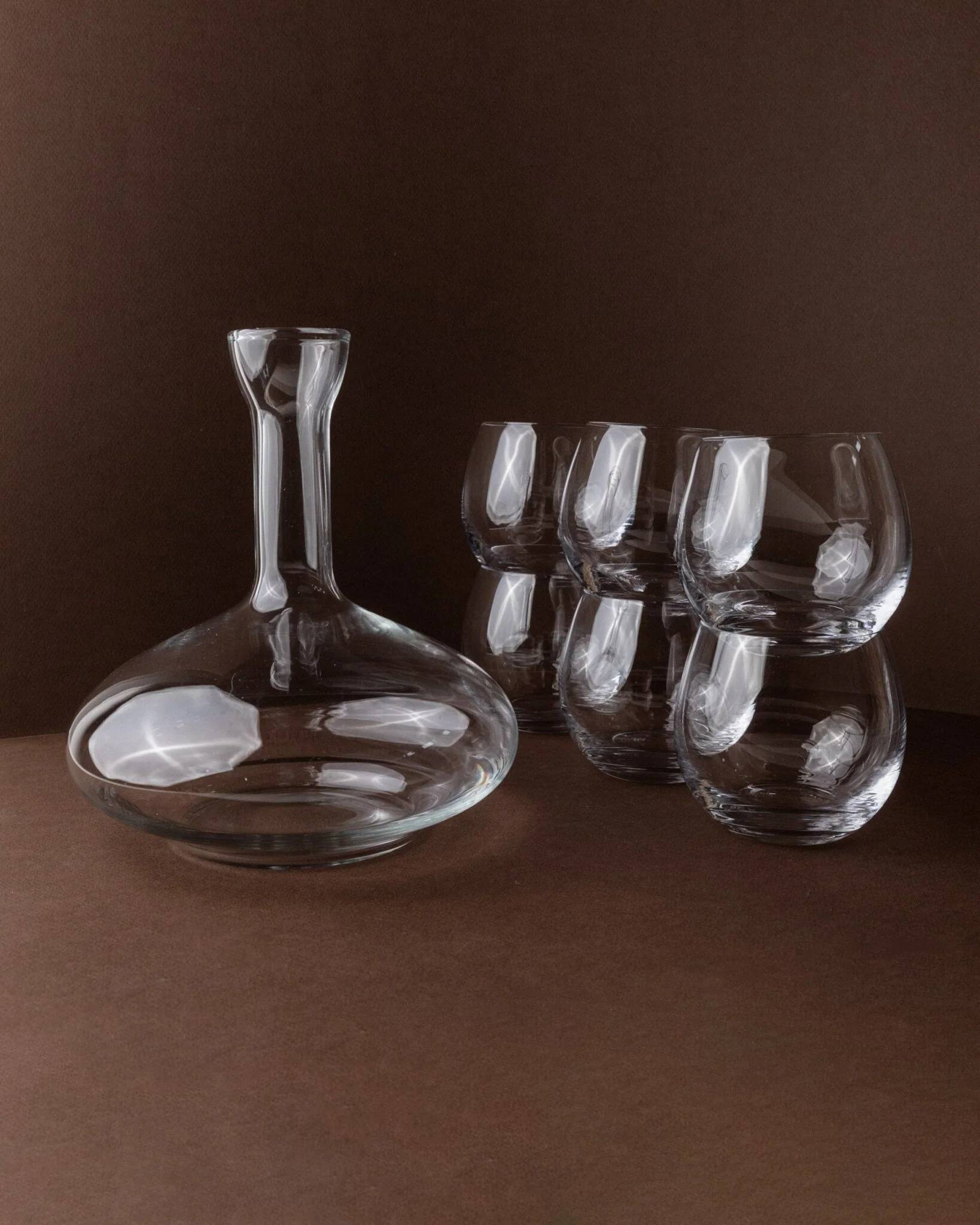 Vintage clear glass decanter set with 6 round wine glasses - Italian 1980s timeless design, elegant table décor