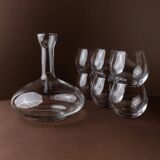 Vintage clear glass decanter set with 6 round wine glasses - Italian 1980s timeless design, elegant table décor