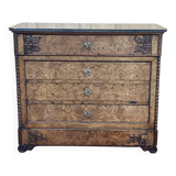 Commode secrétaire du XIXème en loupe d'orme, sapin et dessus marbre noir