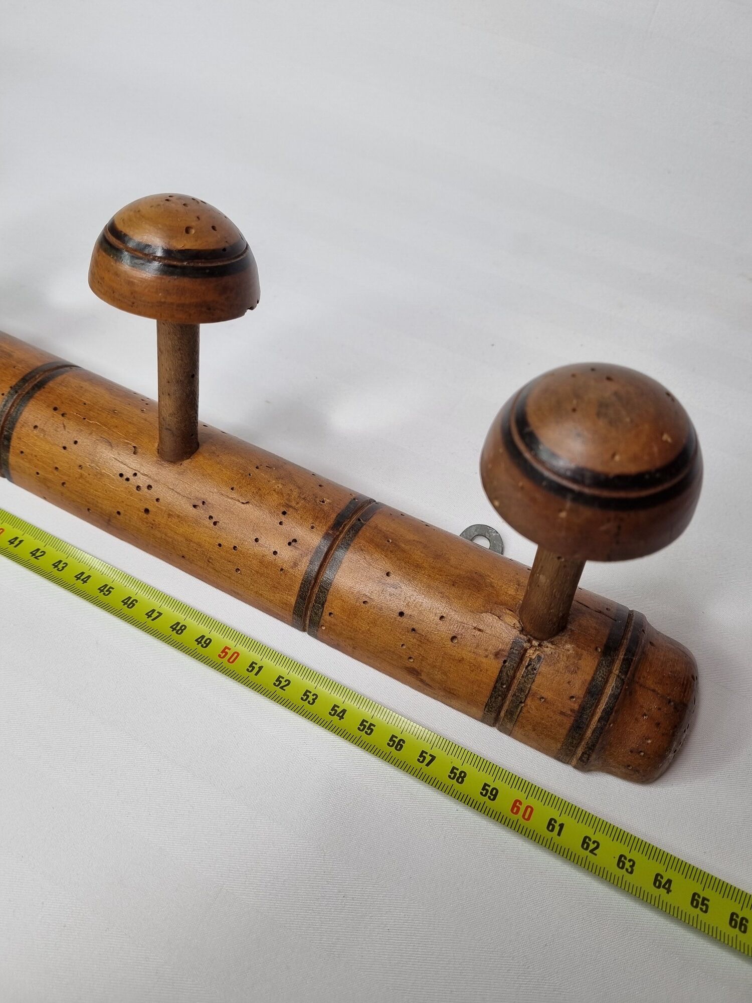 Old wooden coat rack turned in imitation of bamboo, 5 hooks, 63 cm
