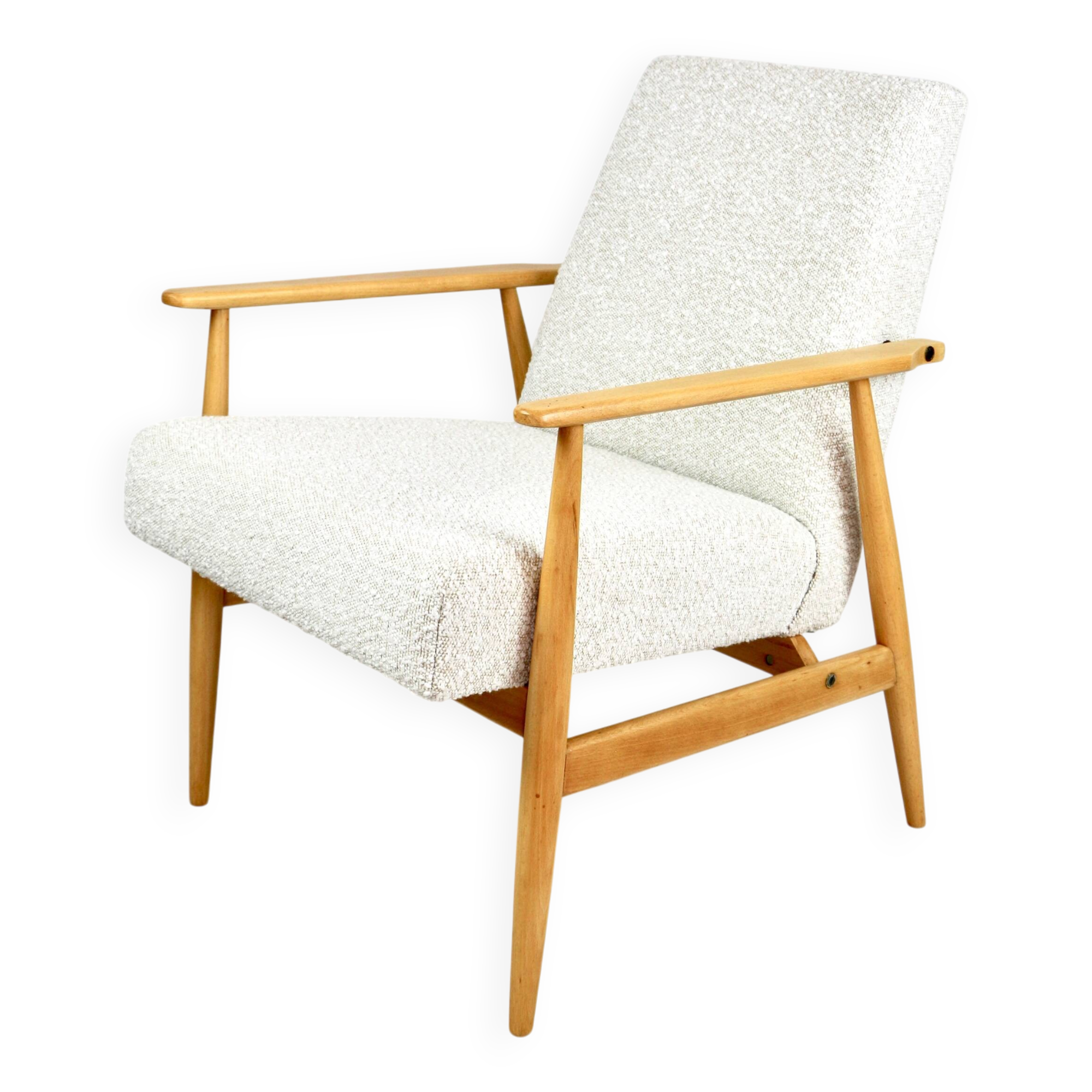 Armchair 'Lis', 1970s, white boucle, design by Henryk Lis - light wood