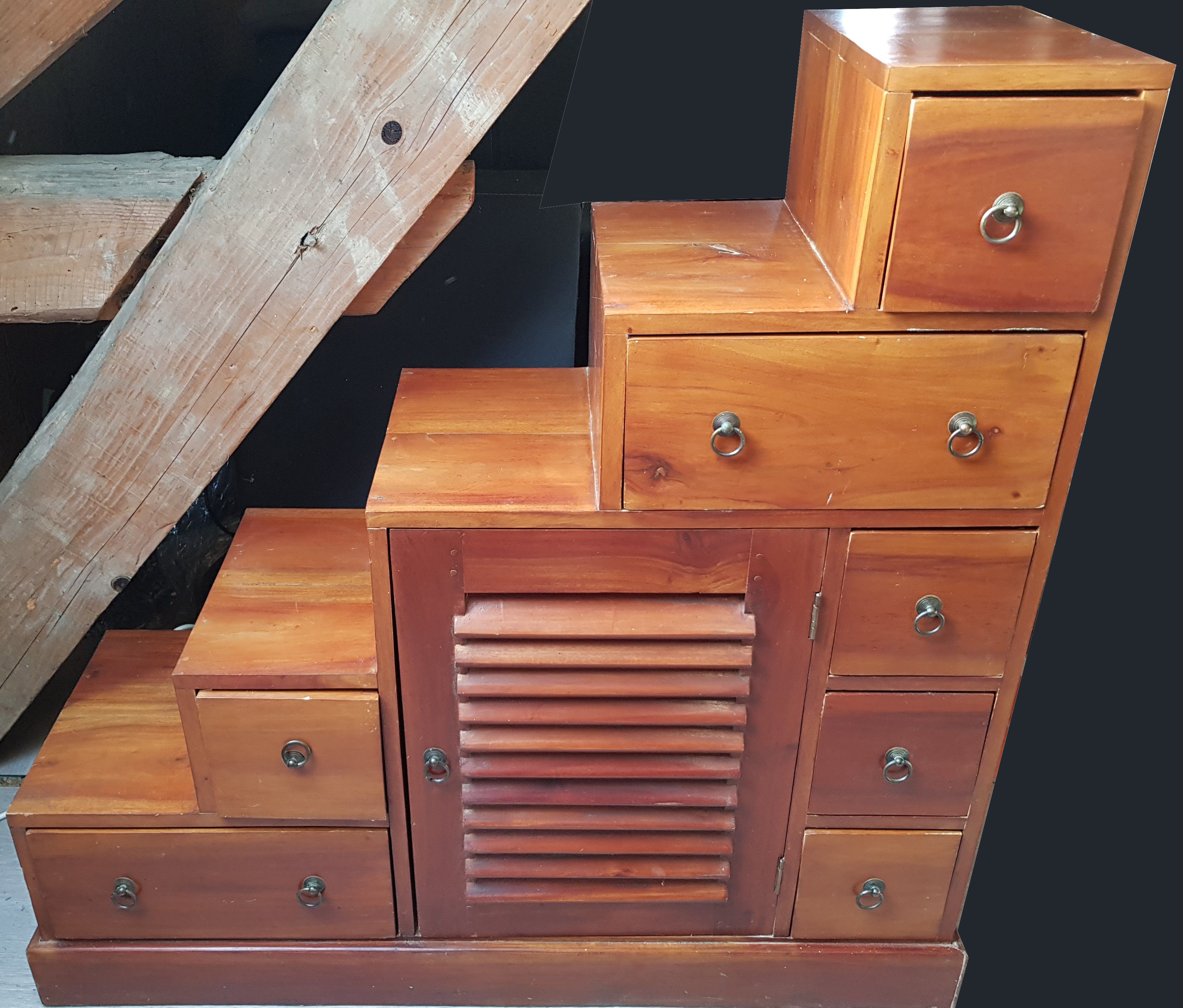 Solid exotic wood staircase cabinet - 7 Drawers and 1 door