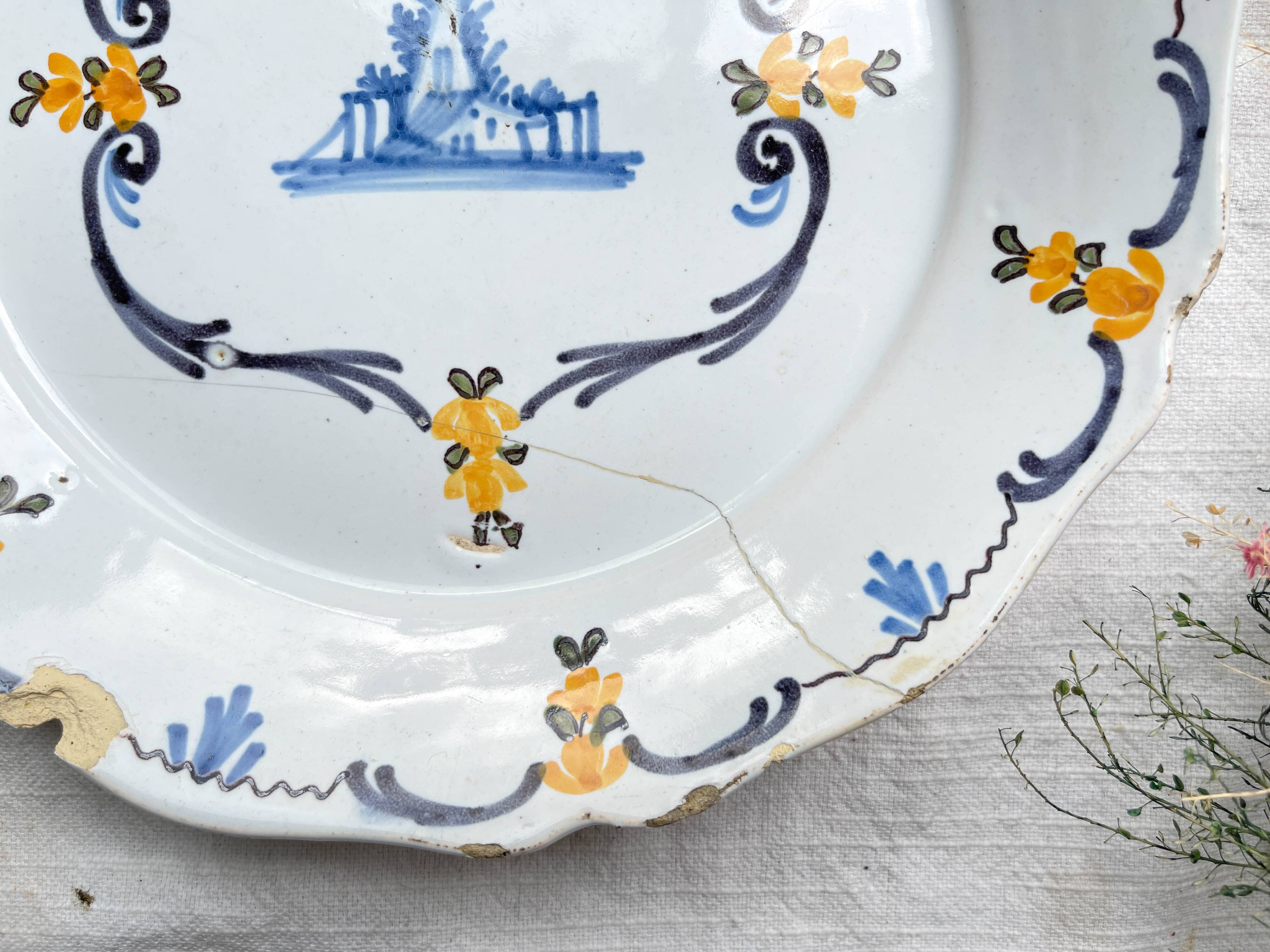 Antique French Earthenware Plate 18th Century NEVERS Landscape Motif