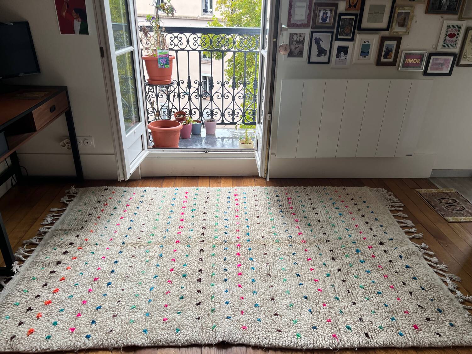 Berber Beni Ouarain handmade rug with small colorful polka dots