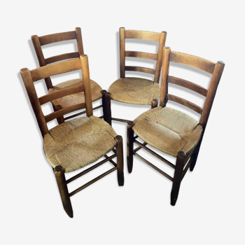 Série de 4 chaises en chêne paillées années 50