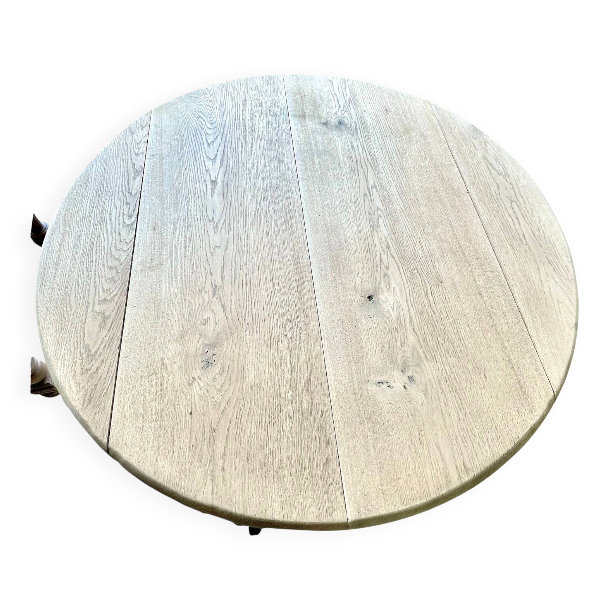 restored raw oak round table from yesteryear