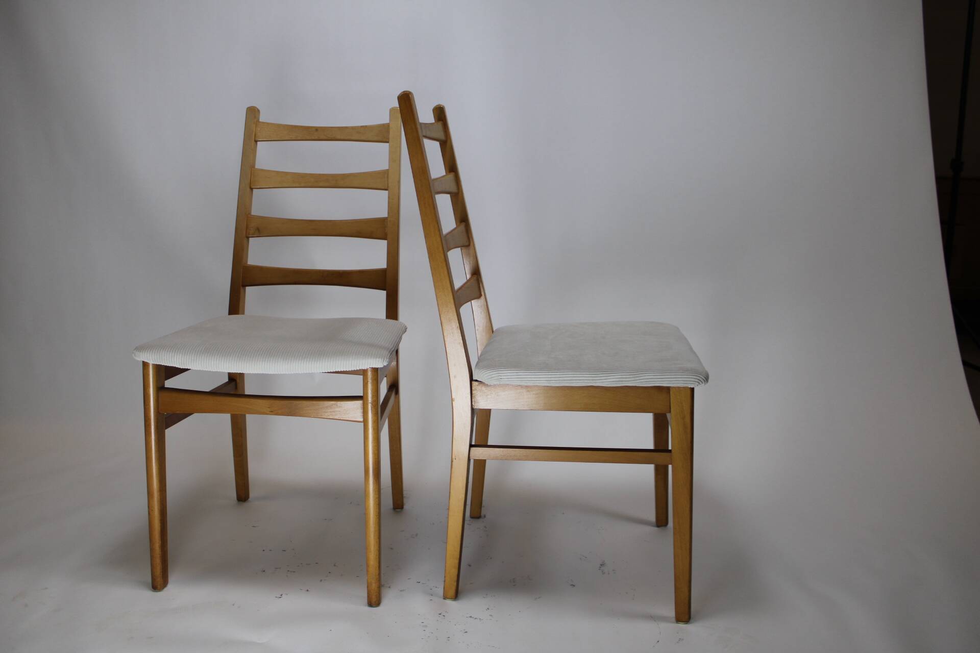 Pair of vintage teak chairs with white corduroy top, 1960s Sweden