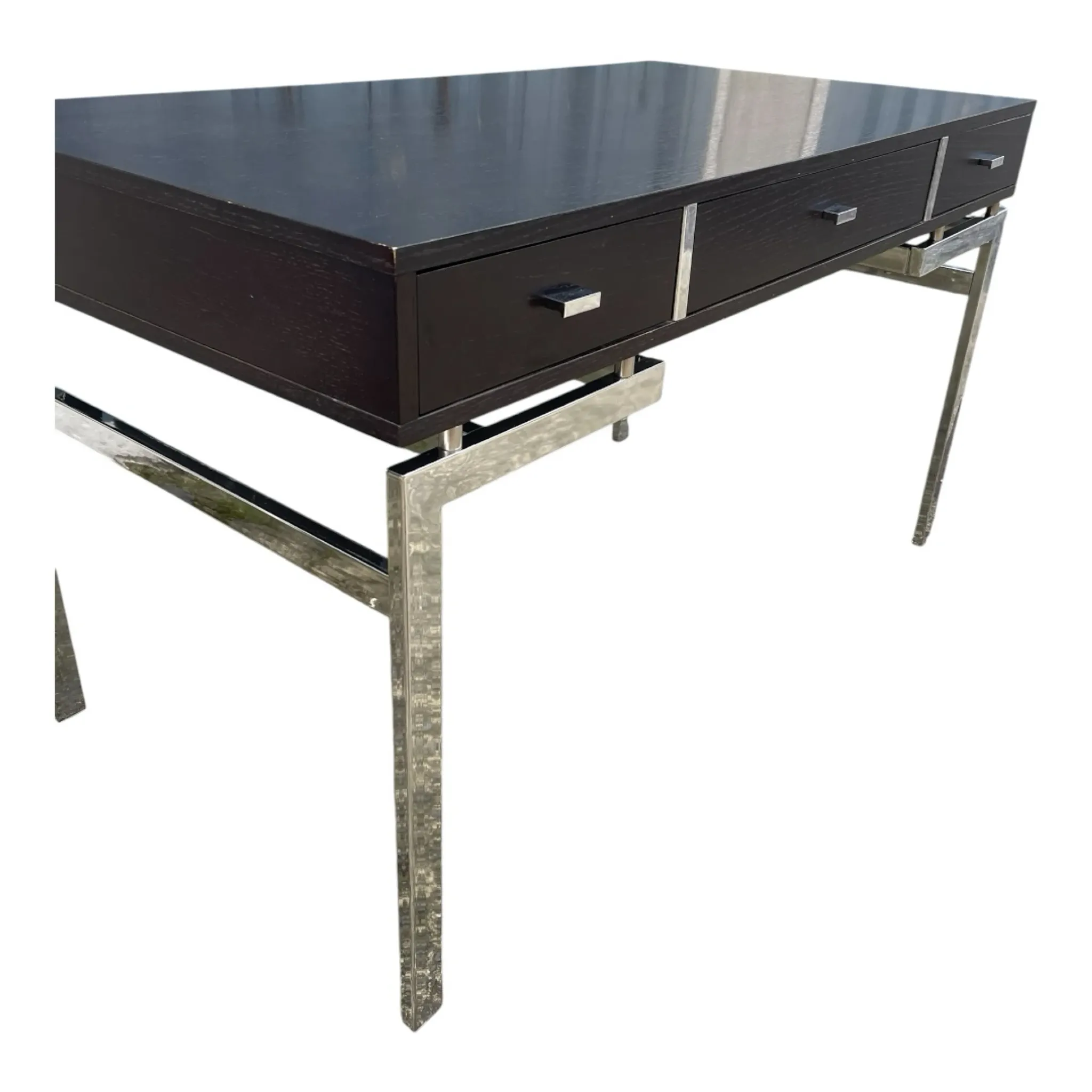 Bureau plat laqué noir texturé et chrome style 1970