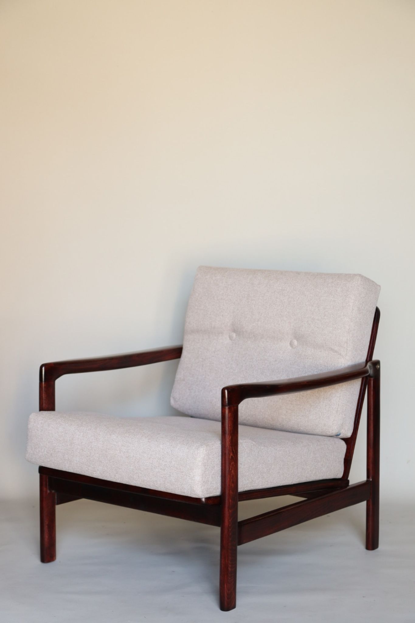Wood armchair oryginal design by Z. Baczyk 7522 beige colour fabrics palisander wood