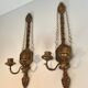 Important Pair of Gilded Carved Wood Wall Lights with Crystal Garlands