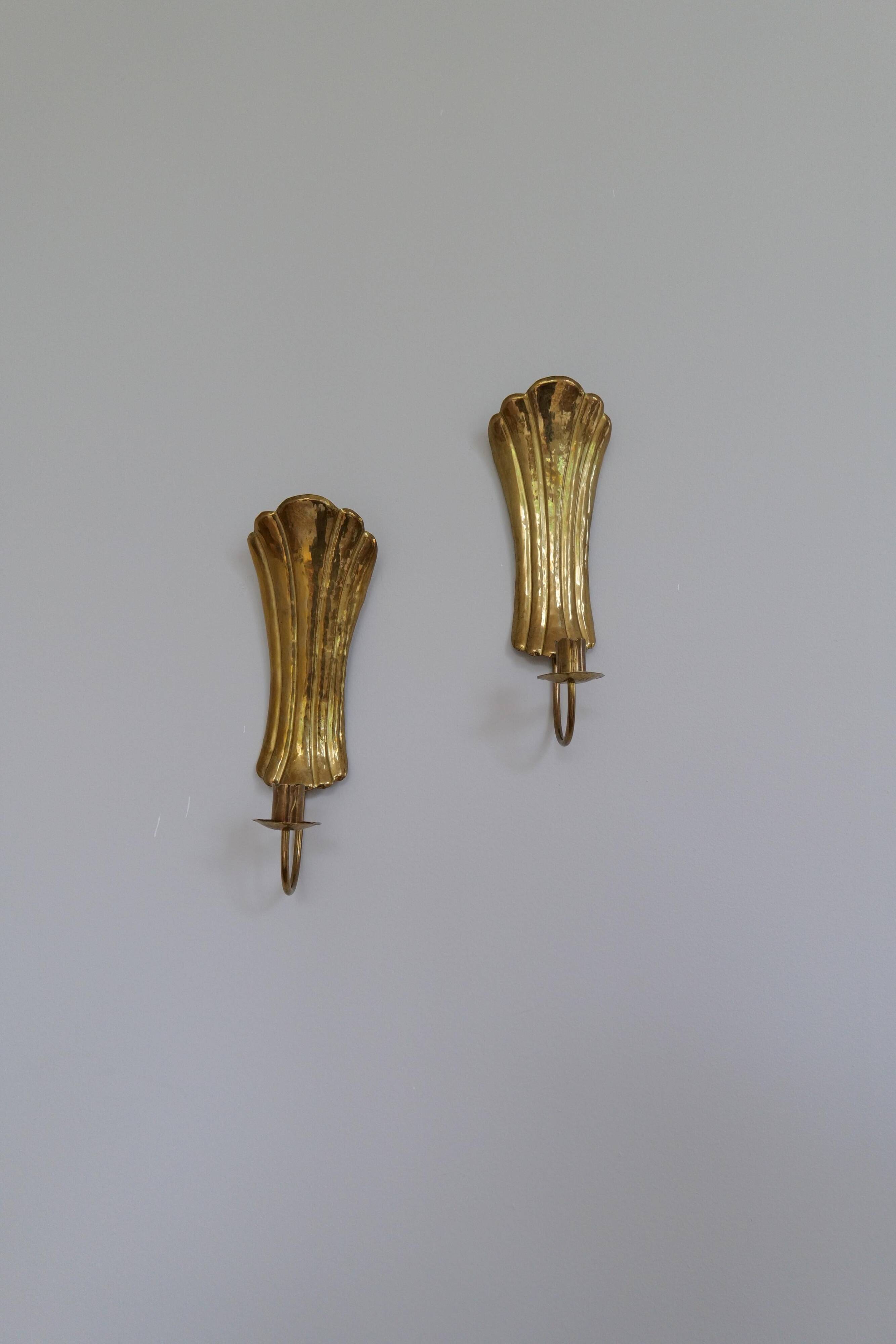 Pair of Art Deco wall sconces in brass, Sweden, 1950s