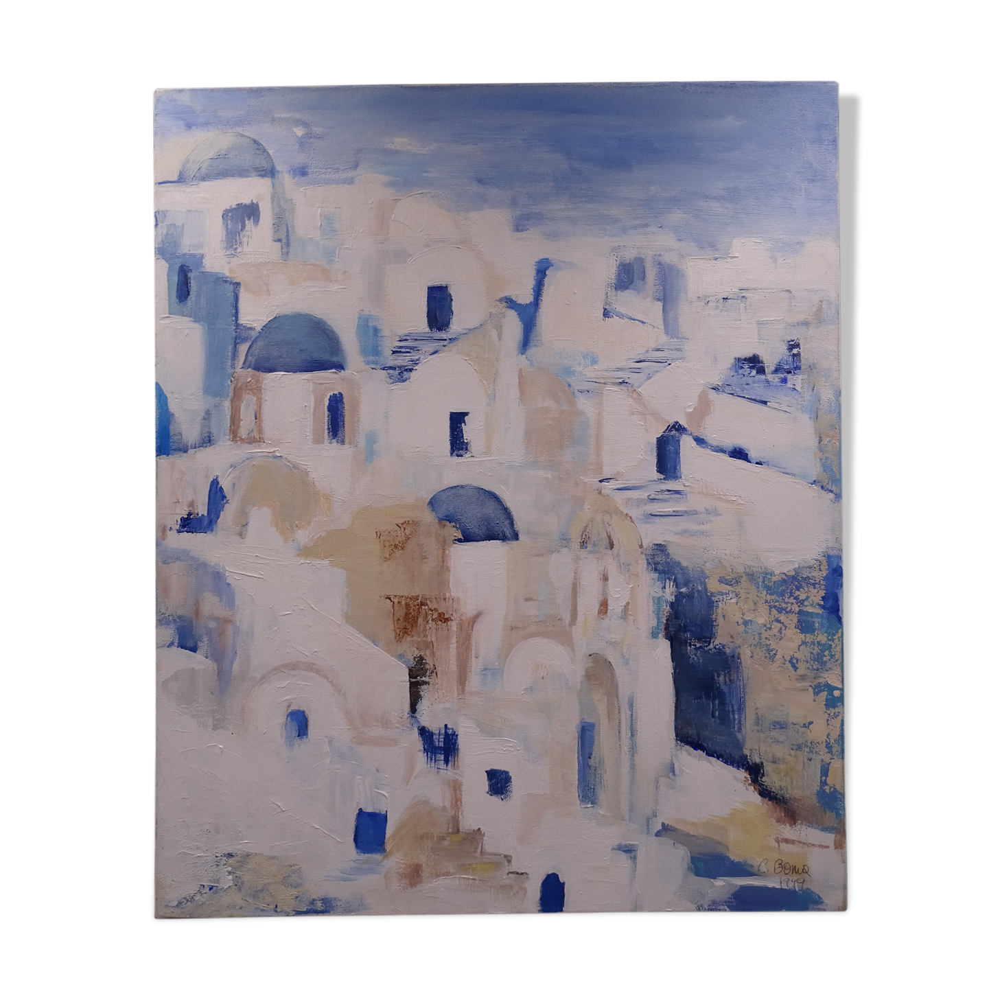 The Greek village - Pastel blue and ochre tones - Signed dated