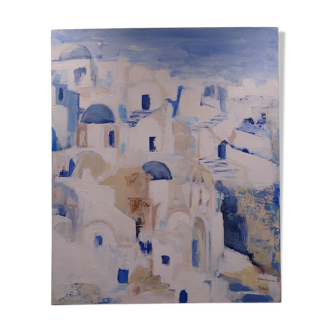 The Greek village - Pastel blue and ochre tones - Signed dated