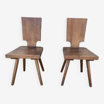 Pair of brutalist solid oak chalet chairs 1960