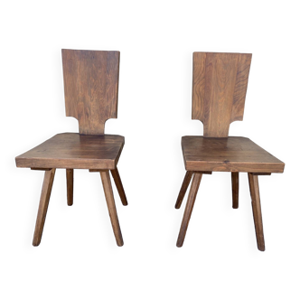 Pair of brutalist solid oak chalet chairs 1960