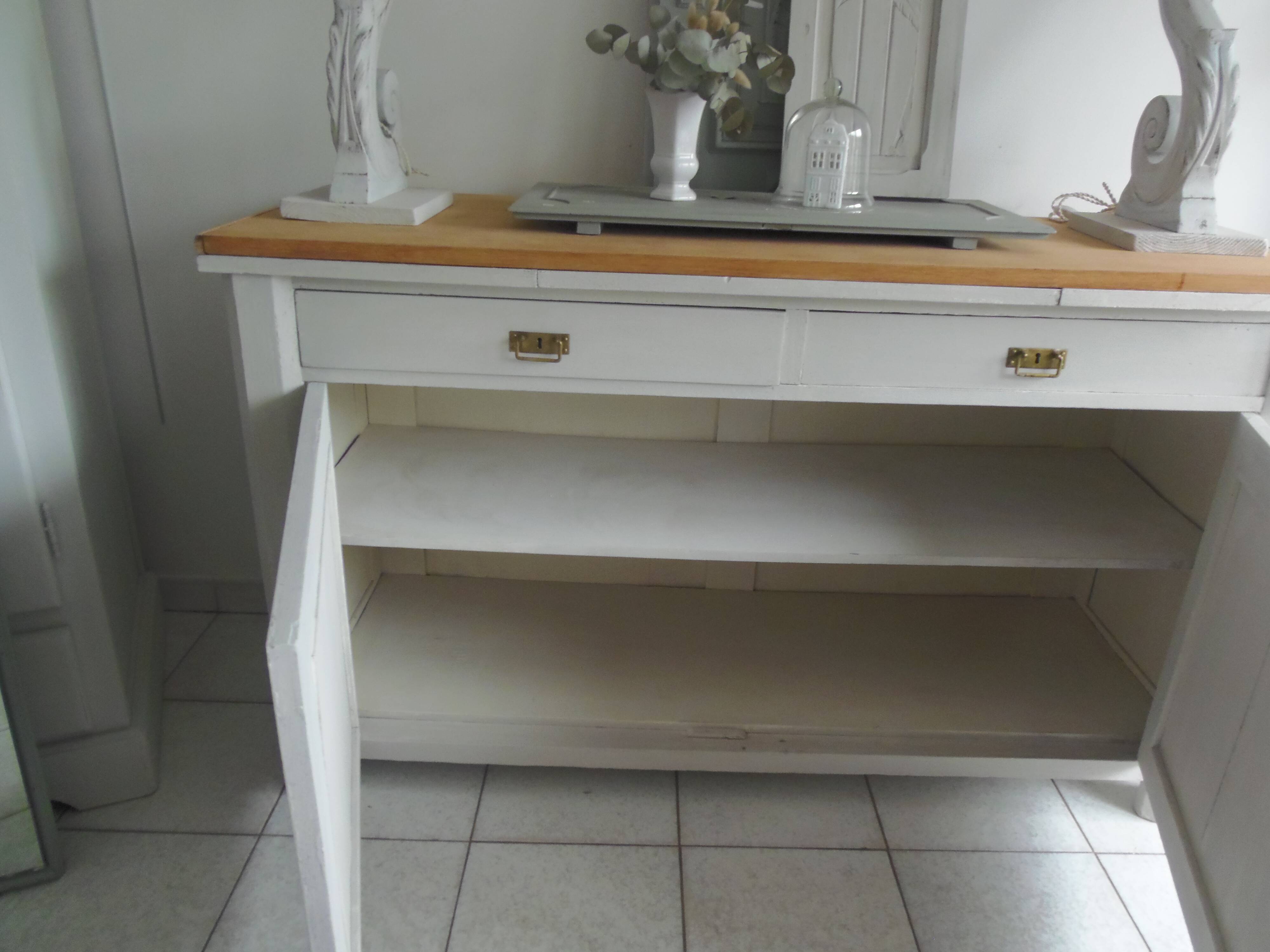 Vintage sideboard, 2 drawers, 1 shelf, 2 pearl gray patinated doors, wooden top.