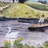 Antique landscape painting / framed oil painting of countryside landscape.