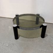 Vintage Italian design round coffee table in chrome and smoked glass.