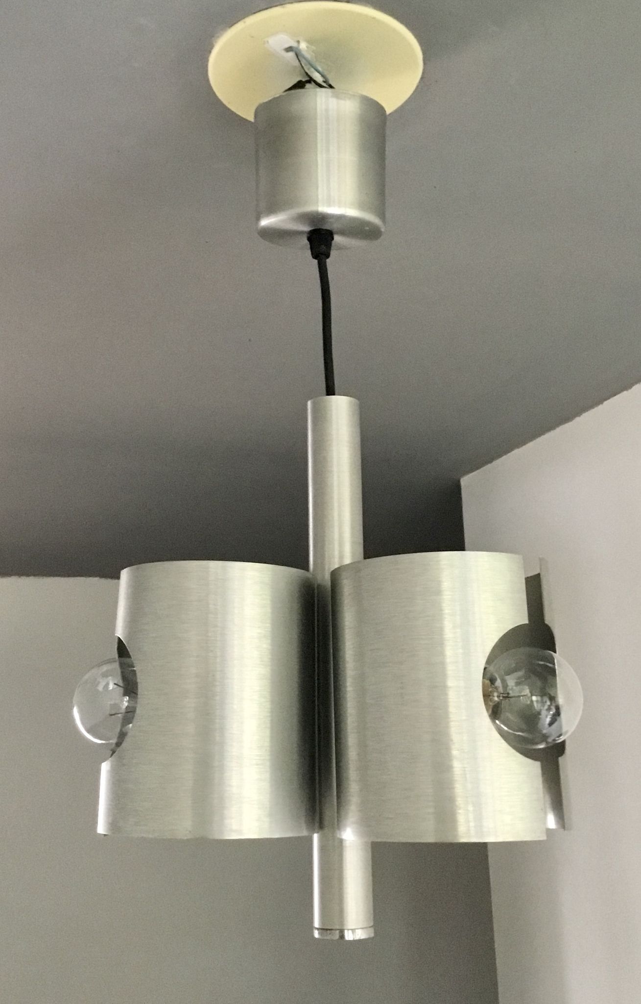 Space-age chandelier with 3 lights, brushed aluminium, 1970 design.