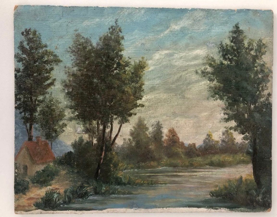 Mid 20th Century French Farmhouse Landscape Oil Painting on Board