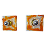 Pair of square wall lights by Murano Mazzega in orange frosted glass, Italy, 1970