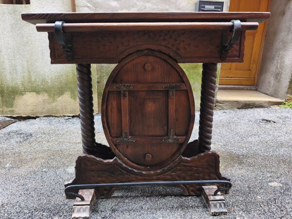 Ancien Comptoir de Bar Espagnol en Pin Massif & Fer Forgé – 1960