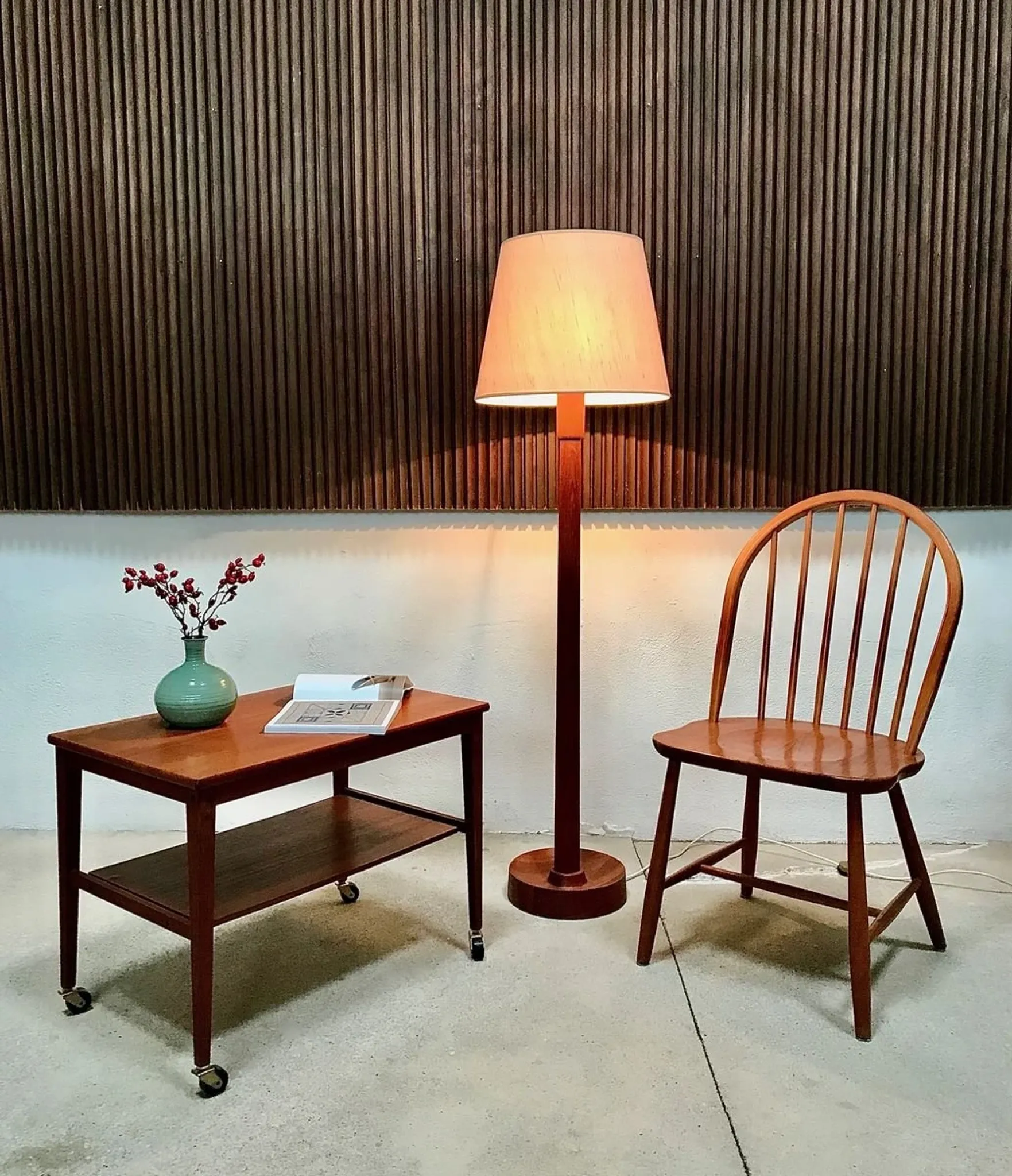 Teak Floor Lamp with Lampshade in Wild Silk, Denmark 1960s
