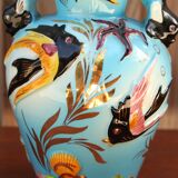 Monaco blue ceramic vase with fish decoration