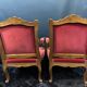 Pair of flat-back armchairs in Louis XV style in red velvet.