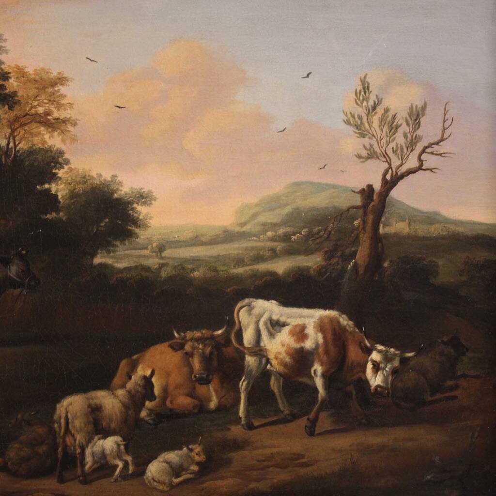 Antique Flemish bucolic landscape painting from the 18th century