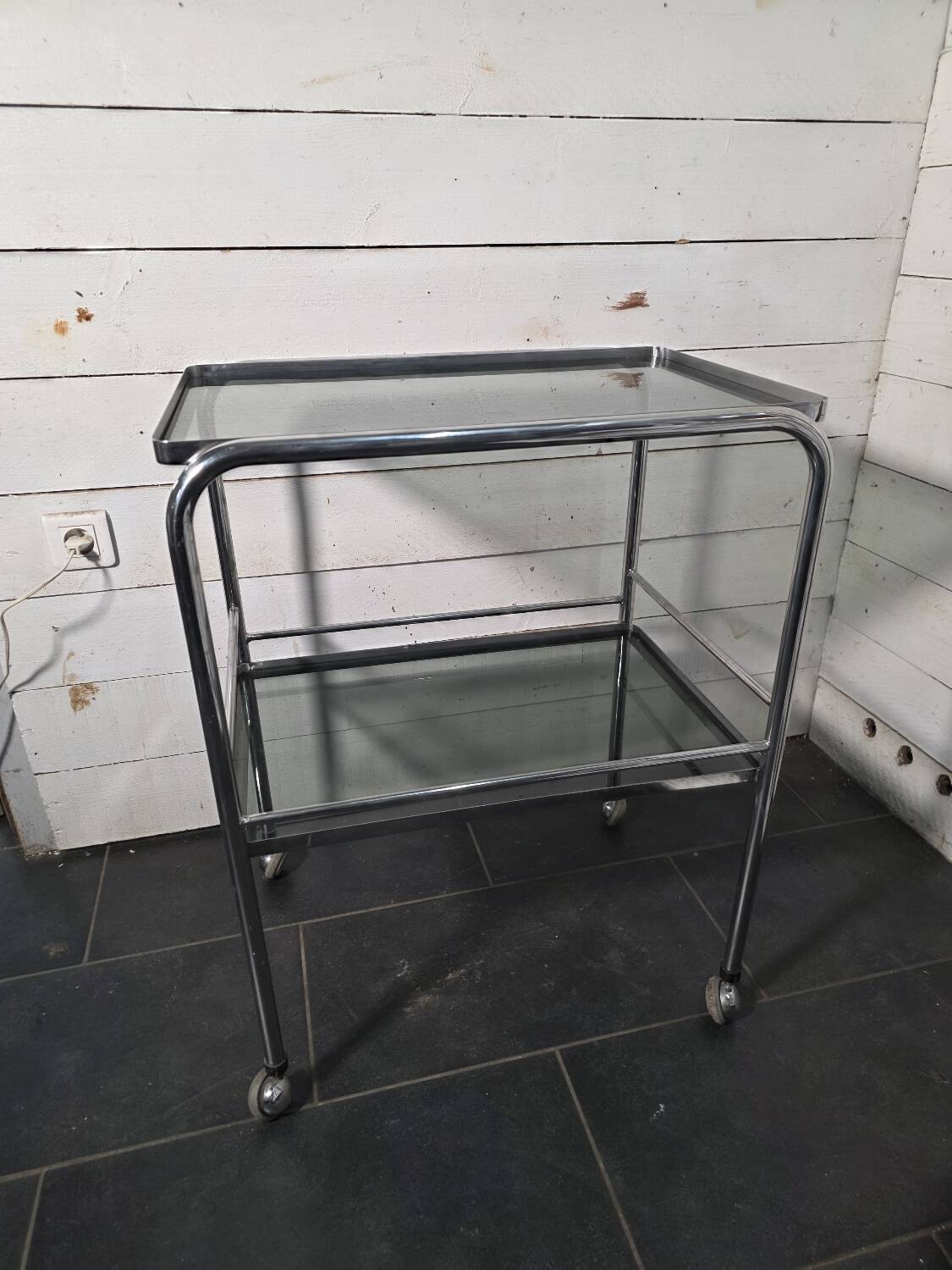 Vintage chrome metal dessert trolley with smoked glass from the 1970s.