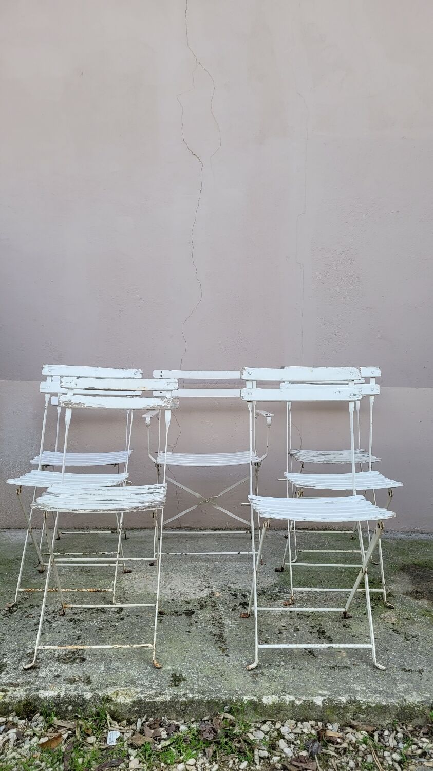 Series of 6 chairs and 1 folding armchair of iron garden bistro