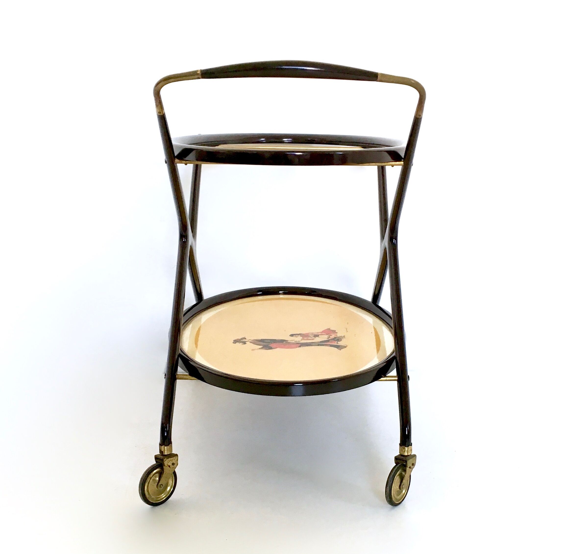 Vintage ebonized beech serving cart with oriental print, italy