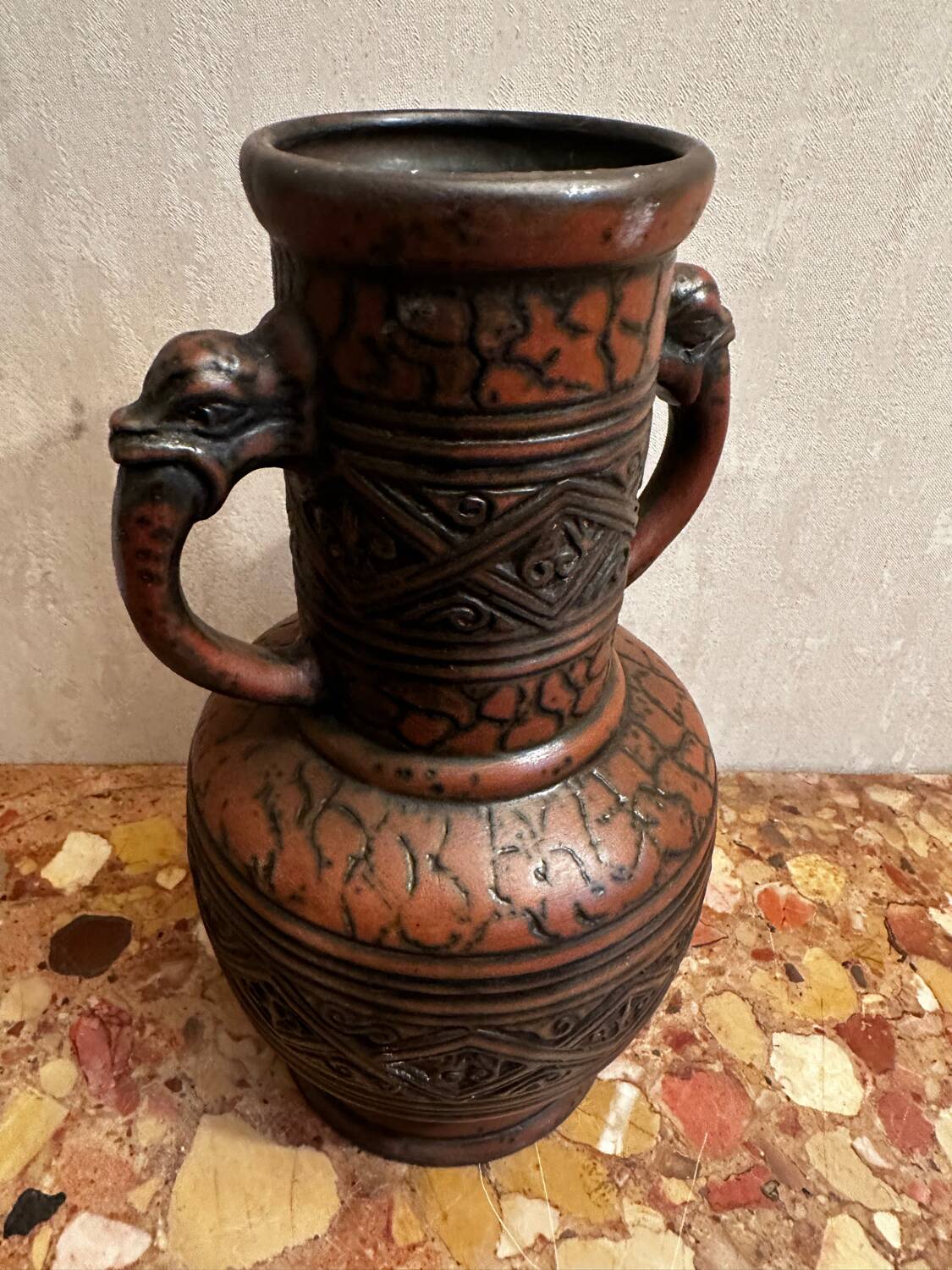 Jasba Vase 5005 - West Germany 60’s - Relief decor, Zoomorphic handles -