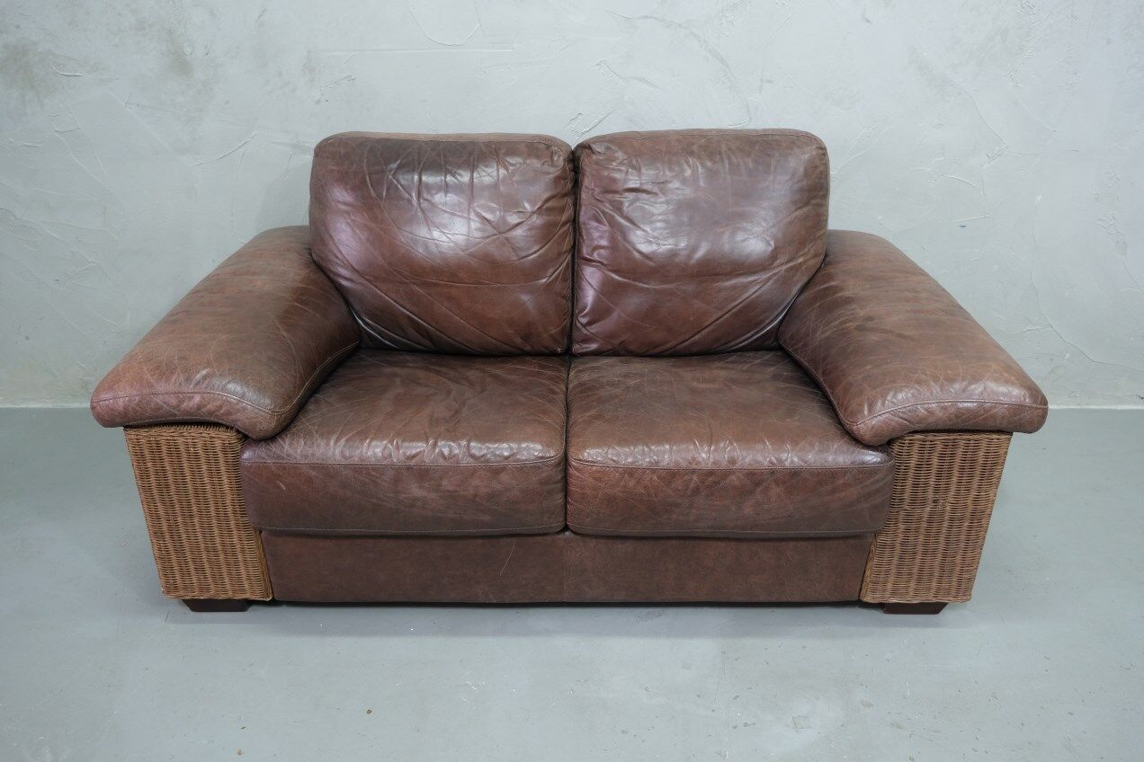 Italian Rattan and Leather Sofa, 1970s
