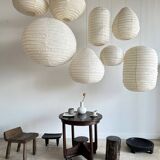 Large pendant light in Japanese-style natural rattan and linen in the shape of a drop H55 D60