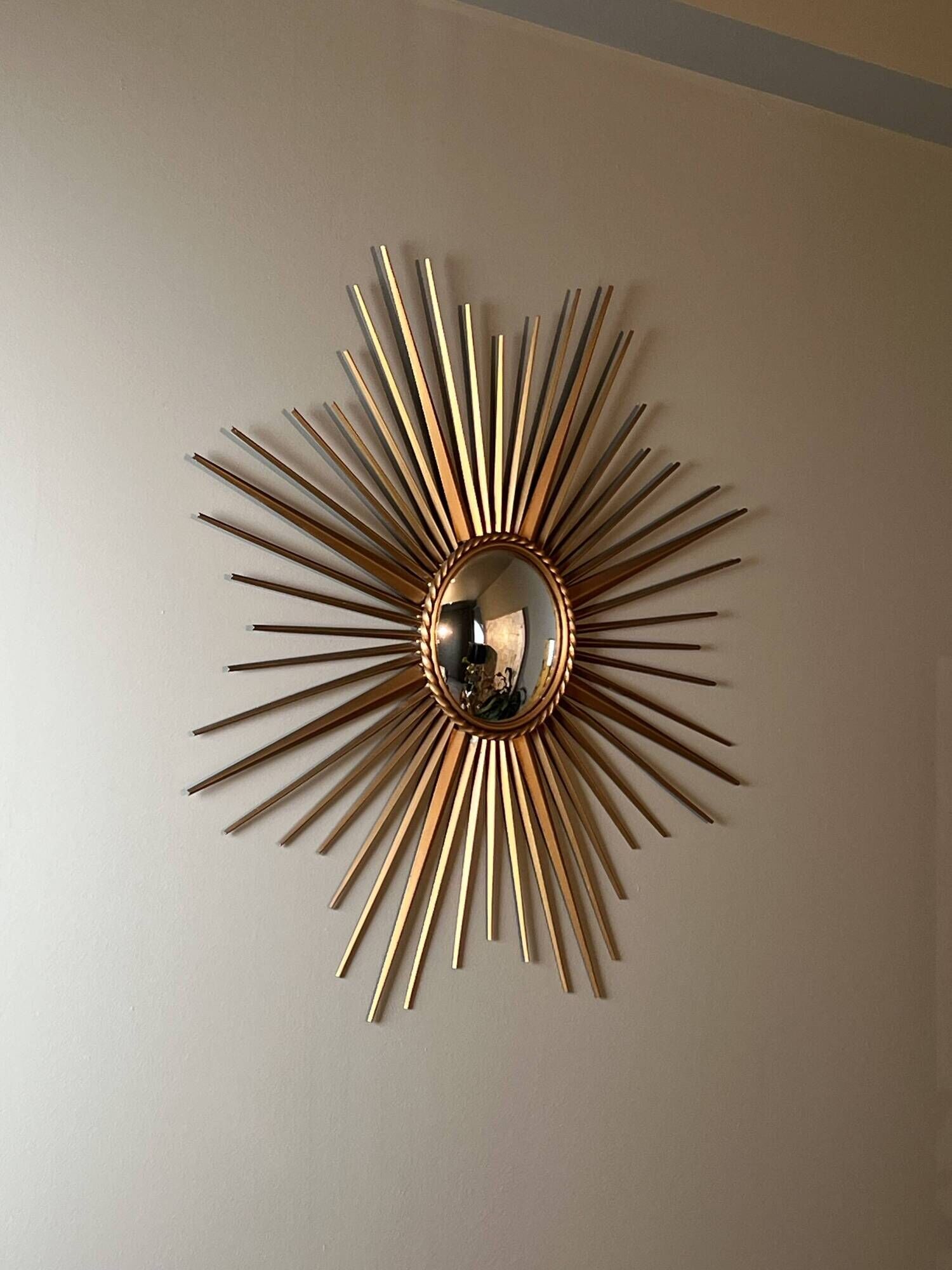 Golden Metal Sun Mirror with Convex Mirror by Chaty Vallauris. French Work