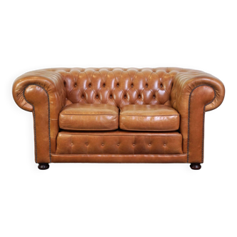 Light brown/cream-colored English cowhide leather Chesterfield 2-seater sofa