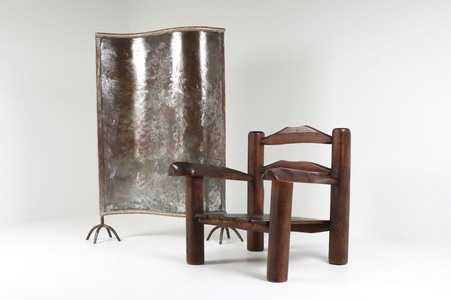 Pair of rustic wooden Wabi Sabi lounge chairs - 1950s