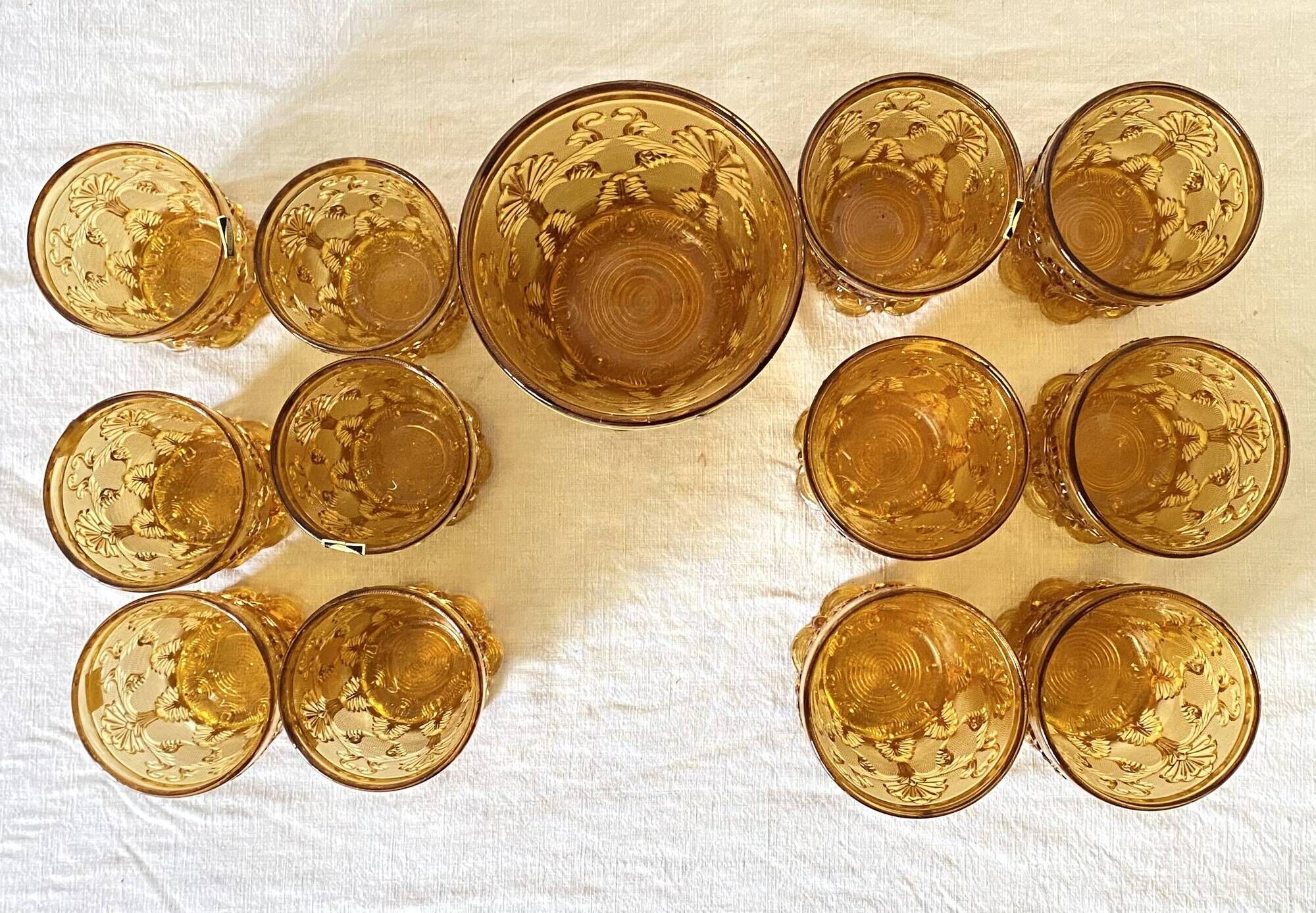 Glasses and ice bucket baroque style amber glass Italy 70s