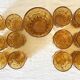 Glasses and ice bucket baroque style amber glass Italy 70s