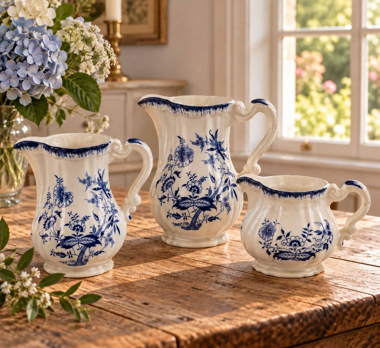 Trio of jugs and cup Sarreguemines Lancaster decoration